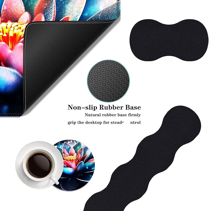 Mouse PadLarge Desk Mat Set 4in1 XL Mousepad + Keyboard Wrist Rest+Mouse Wrist Rest+Coaster with Ergonomic Desk Pad for Home Office Table Computer Cover -Sparkling Blue Pink Lotus
