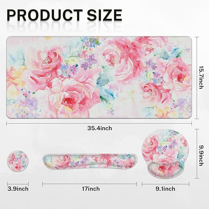 Arttown Flower Painting Desk Mat Watercolor Abstract Mouse Pad Set 4-in-1 Large Mousepad+Keyboard Wrist Rest+Mouse Wrist Rest+Coaster with Ergonomic Design Non-Slip Mat