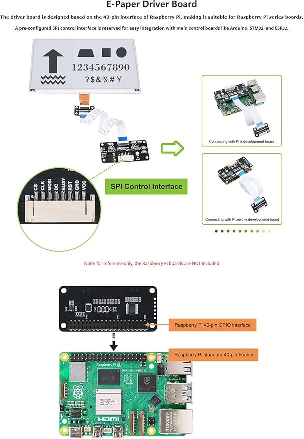 7.5 Inch E-Paper Display HAT for Raspberry Pi 800x480 Monochrome E-Ink Screen with SPI Interface Compatible with Arduino STM32 ESP32 – Partial &amp Full Refresh