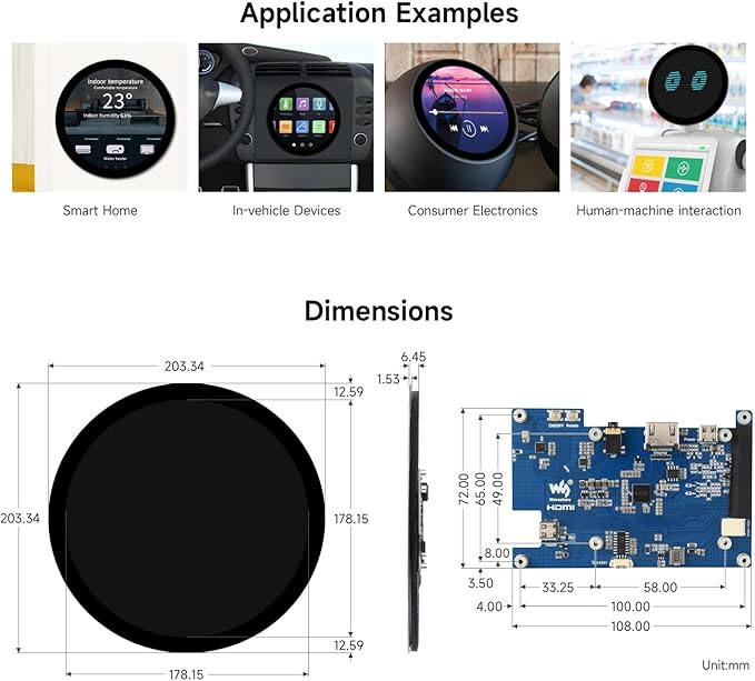 waveshare 7inch HDMI Round Capacitive Touch Display 1080 × 1080 Resolution IPS Display Panel 10-Point Touch Optical Bonding Toughened Glass Panel