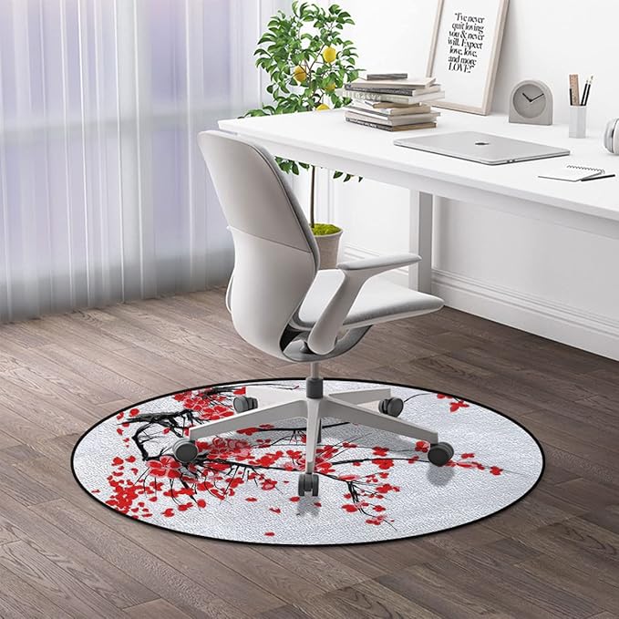 Gaming Chair Mat for Hardwood Floor Anti-Slip Floor Protector Game Controller Rubber Gaming Computer Chair Mat Floral Japanese Cherry Blossom Vermilion WhiteDiameter 48 in