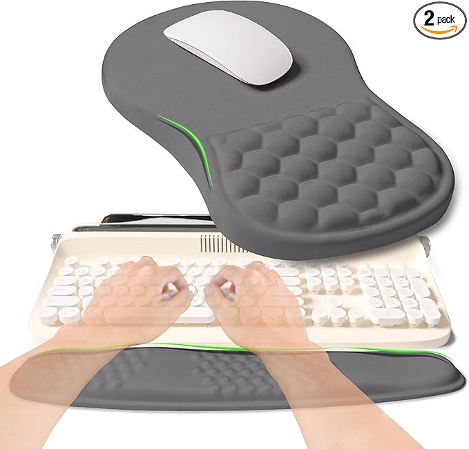 2-in-1 Ergonomic Set Wave Rise Keyboard Wrist Rest and Massage Bulge Slope Mouse Pad Wrist Support Cushion Memory Foam Integrated to Relieve Wrist Pain Deep Gray