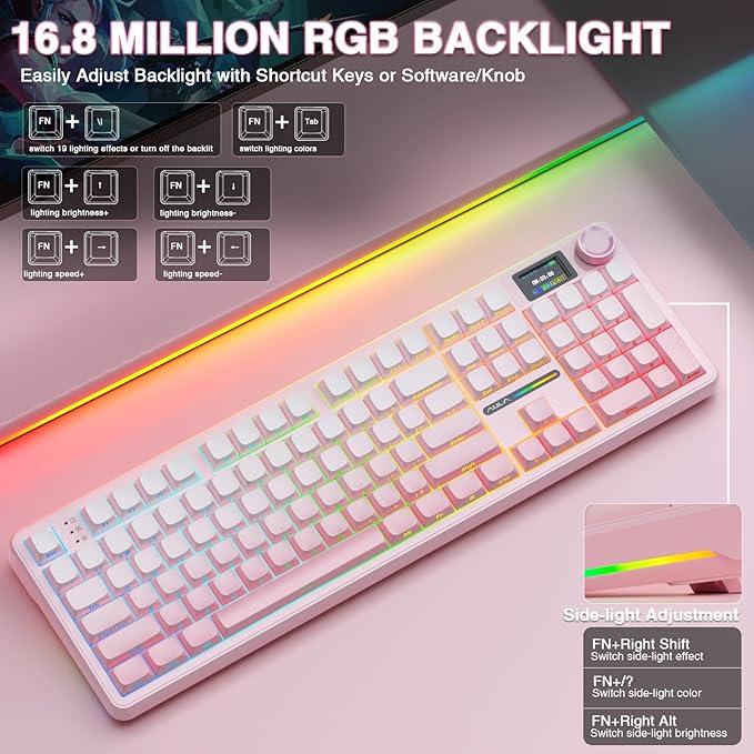 AULA F108 PRO - Wireless Mechanical Keyboard with Screen &amp KnobFull Size Keyboard with 8000mAh BatteryPre-lubed SwitchesSide Printed PBT KeycapsRGB Backlit Hot Swappable Custom Pink Keyboards