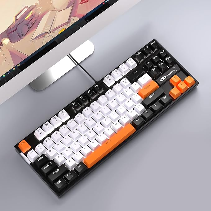 MageGee 75% Mechanical Gaming Keyboard Yellow Switch LED White Backlit 87 Keys Compact TKL Wired Computer Keyboards for Windows Laptop PC Gamer - White/Black