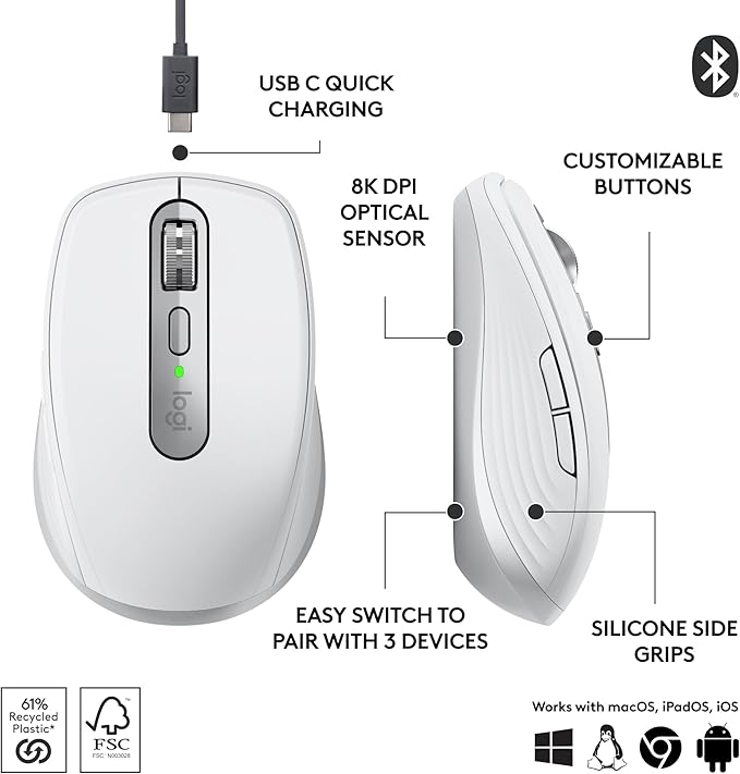 Logitech MX Anywhere 3S Compact Wireless Mouse Fast Scrolling 8K DPI Any-Surface Tracking Quiet Clicks Programmable Buttons USB C Bluetooth Windows PC Linux Chrome Mac - Pale Grey