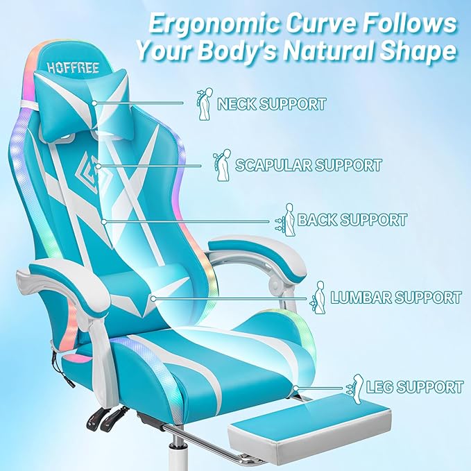 HOFFREE Gaming Chair Massage with Bluetooth Speakers and Led Lights Ergonomic Computer Gaming Chair with Footrest Cute Video Game Chair for Gaming Room Light Blue and White