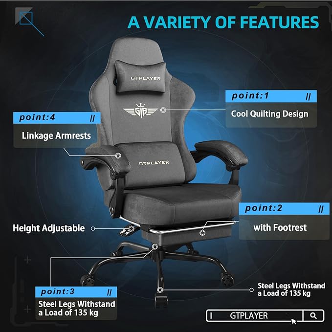 GTPLAYER Gaming Chair Fabric with Pocket Spring Cushion Big and Tall Gamings Chairs 350LBS High Back Computer Chair with Footrest for Adults Lumbar Support Swivel Game Chair for Office Dark Grey