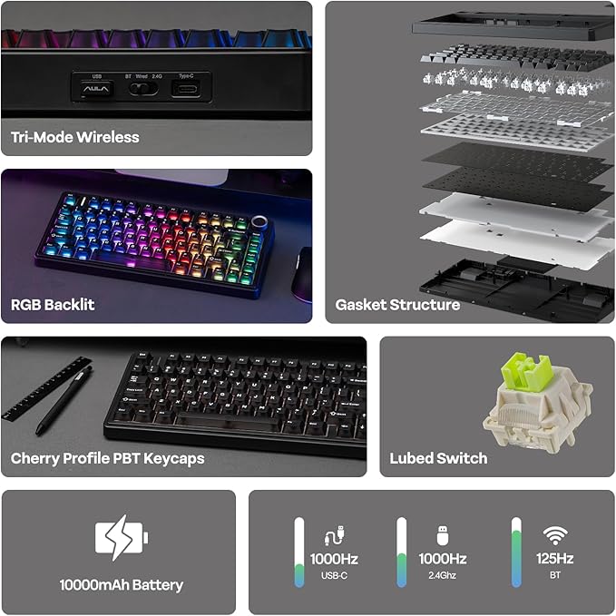 EPOMAKER x Aula F75 Ultra Wireless Gaming Keyboard with Knob 10000mAh Hot Swap RGB PBT Keycap Creamy Sound VIA 75% Mechanical Keyboard for Win/Mac (Black Reaper)
