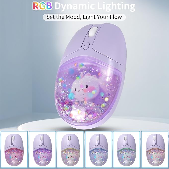 Bluetooth Wireless MouseCreative Floating Cartoon Rabbit Animal MiceRGB Backlit Rechargeable Triple Mode(Dual Bluetooth+USB) Computer Silent Mouse with USB Receiver for Laptop/MacBook/iPad/PC-Purple