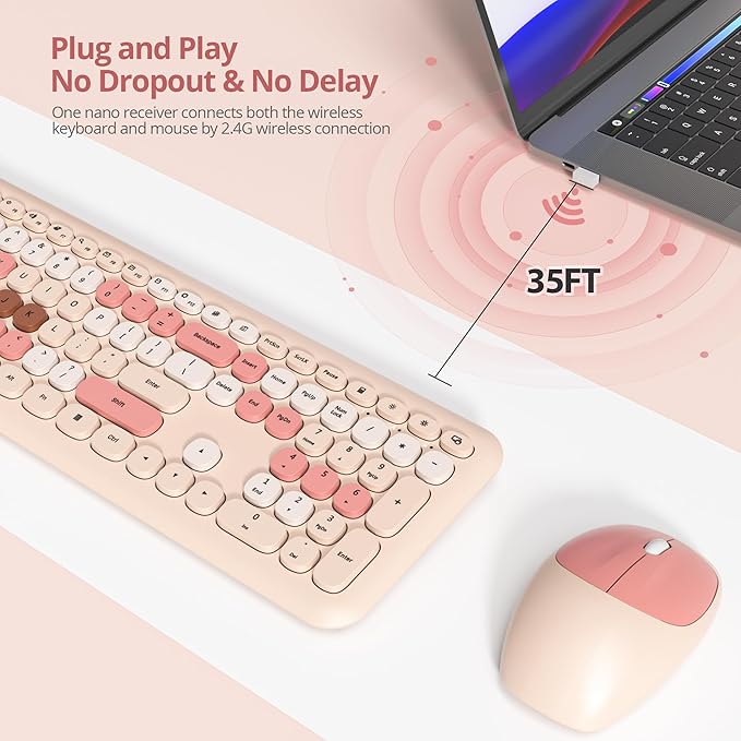 Surmen Cute Colorful Beige Keyboard and Mouse Wireless Silent Full-Size Retro Typewriter Wireless Quiet Slim Keyboard Low-Noise 2.4GHz for Computer Desktop Laptop(Beige)