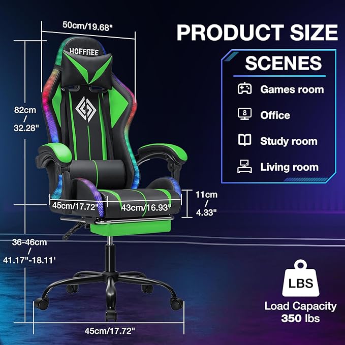 Gaming Chair Massage with Bluetooth Speakers and Lights Ergonomic Computer Game Chair with Footrest LED RGB Lights High Back Music Video Game Chair with Lumbar Support Green and Black