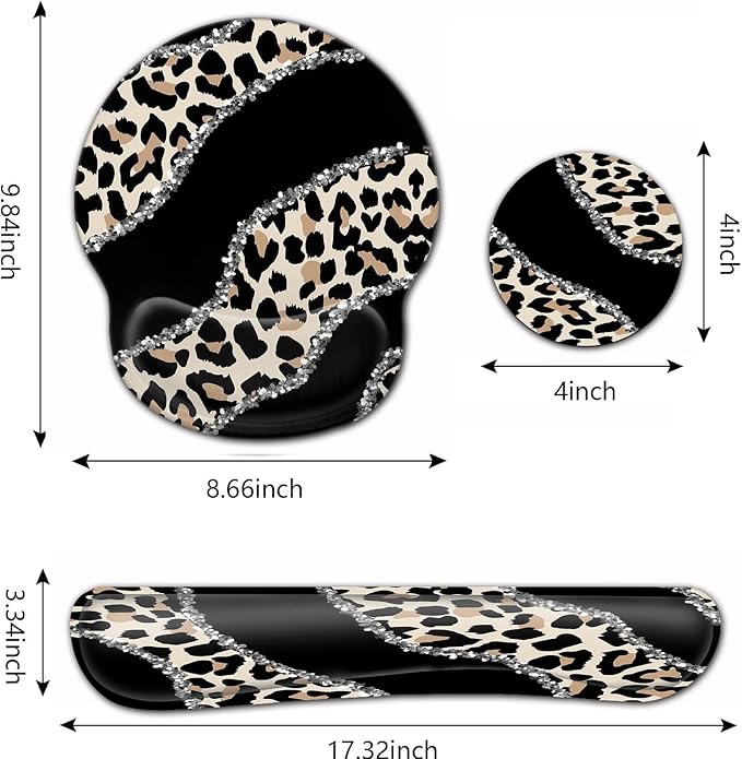 Ergonomic Mouse Pad Wrist Support and Memory Foam Keyboard Wrist Rest Set for Gaming Computer Office Laptop Easy Typing Wireless Mouse Mat Gel Gaming Funy Leopard Pattern Black Office Desk Pad