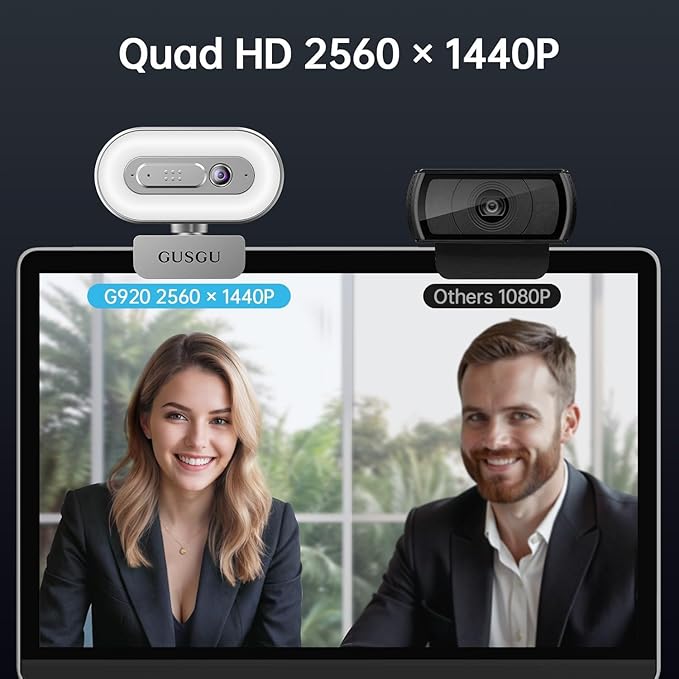 GUSGU G920 2K Quad HD Webcam for PC Auto Focus with Microphone &amp Light &amp Privacy Cover Web Camera for Desktop Computer/Laptop/MacBook USB Streaming Camera