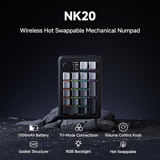 EWEADN NK20 Wireless Retro Mechanical Numpad with Knob Bluetooth/2.4GHz/USB-C Connect with RGB Backlight Hot Swappable Number Pad 20-Key Rechargeable External Num Pad for Win Mac Black Gray