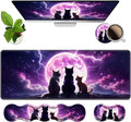 4 in 1 Ergonomic Memory Foam Mouse Pad Wrist Rest Set Large XXL Gaming Desk Pad + Keyboard Wrist Rest + Mouse Wrist Cushion + Coaster for Home Office Study Gaming Cats Under The Moon