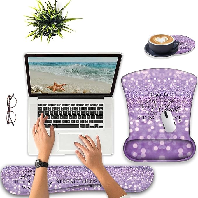 Keyboard Wrist Support + Wrist Mousepad + Coaster Combination Non-Slip PU Base with Gel Memory Mousepad Suitable for Gaming Office Pain Relief Mousepad Set - Purple Glitter Quote Philippians 4-13