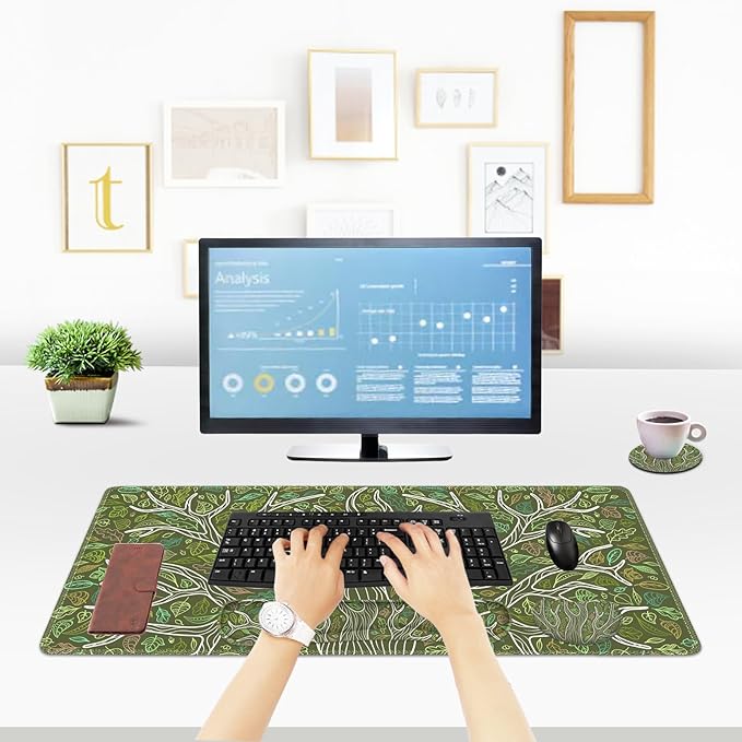 ToLuLu Desk Mat Gaming Mouse Pad Wrist Support 4 in1 Set XXL Large Mouse Pad + Keyboard Wrist Rest + Memory Foam Cushion Mouse Wrist Rest for Pain Relieve + Coaster Table Computer PC Green Leaves