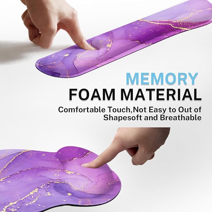 Desk Mat Painting Golden Purple Marble Mouse Pad Set 4-in-1 Large Mousepad+Keyboard Wrist Rest+Mouse Wrist Rest+Coaster with Ergonomic Design Non-Slip Mat