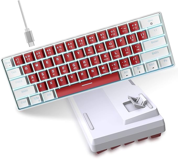 Snpurdiri Wired 60% Mechanical Gaming Keyboard White LED Backlit Ultra-Compact Small Office Keyboard for Windows Laptop PC Mac (White-Red Red Switches)