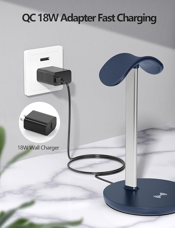 Miroddi Headphone Stand with Wireless Charger Independent USB Charging Port 5 in 1 Charging Station Headset Holder Rack for iWatch iPhone Samsung and Desk All Headphones Dark Blue