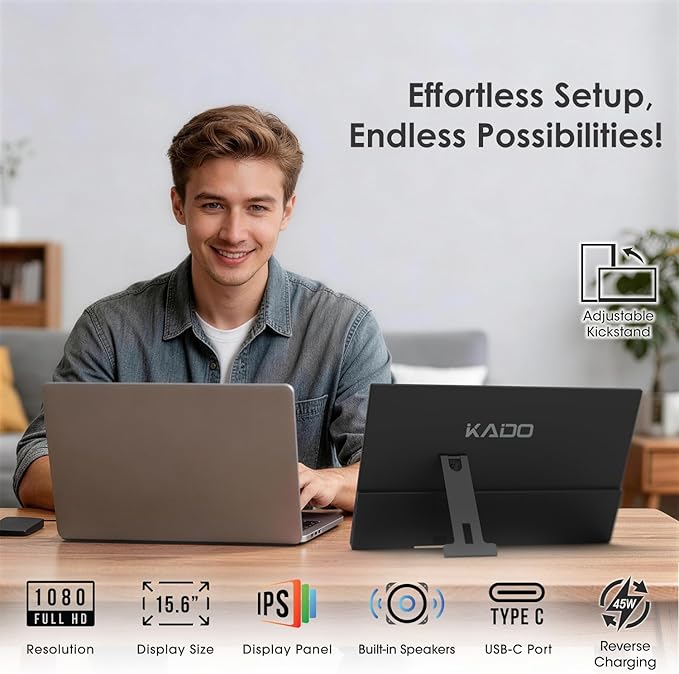Kado Portable Monitor 15.6-Inch FHD 1080p 45W Reverse Charging 1920x1080 USB-C HDMI Gaming Monitor IPS Display Built-in Speakers Second Display Kickstand for Laptop PC Phone Mac Xbox PS4/PS5 Switch