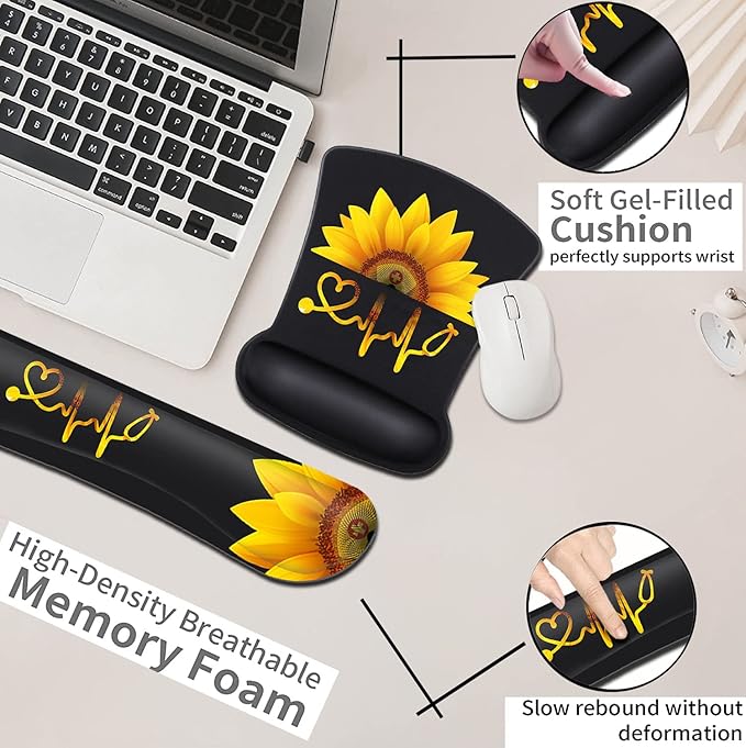 Mouse Pad Wrist Guard and Keyboard Wrist Rest Ergonomic Wrist Protection Non-Slip Rubber Base Mouse Pad Sunflower and ECG Stethoscope Pattern Personalized Fashionable Black Office Accessories