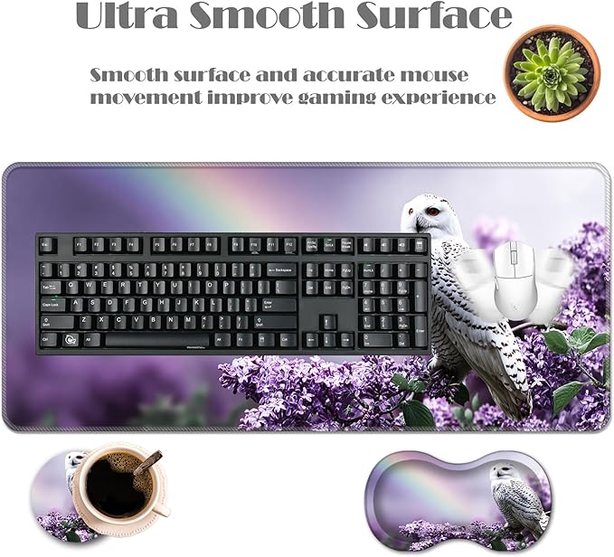 Ergonomic Keyboard Wrist Rest &amp Mouse Pad Wrist Rest SetXL Gaming Desk Mat 31.5x 11.8Non-Slip BaseMemory FoamEasy Typing Pain Relief for Office &amp HomeRainbow Floral Owl