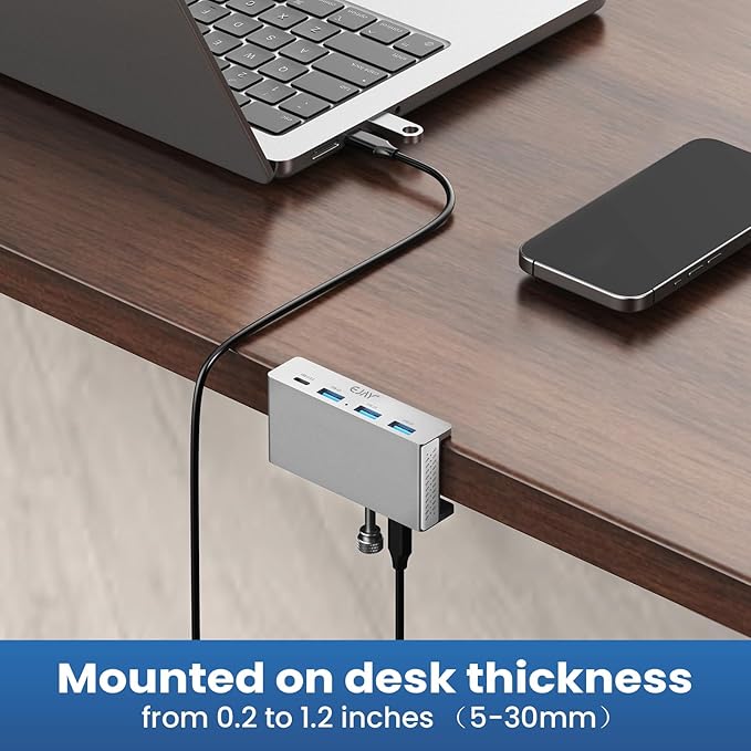 EJAY Mountable 4Ports USB3.0 HUB Alu Desktop Clamp Type C USB3.0 Splitter for Desk/Monitors with Extra Power Supply Port59inches Data &amp 39inches Power Cables-5Gbps (BJ-3A1C-SV)