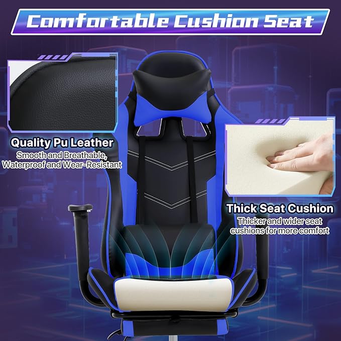 Gaming Chair for Adults - 250lbs Capacity Video Game Chair with Footrest &amp Lumbar Support Ergonomic 360° Swivel Height Adjustable Office Gamer Chair Heavy-Duty PU Leather (Blue)