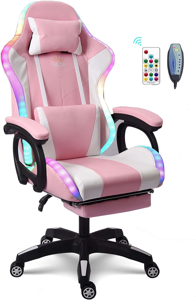 Ergonomic Massage Gaming Chair Office Chair with Lumbar Support and Footrest Video Gaming Chair with RGB Lights and Speakers Adjustable Linkage Armrests and Backrest PC Chair.Pink