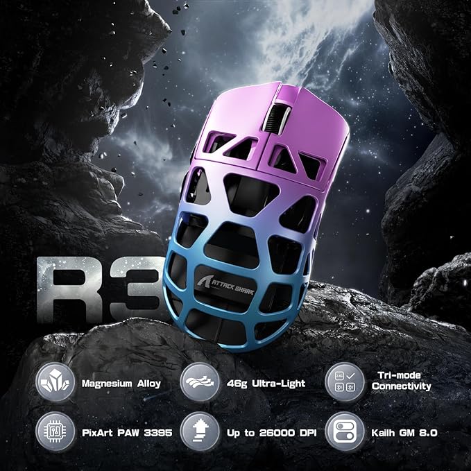 FELICON x Attack Shark R3 Magnesium Alloy Wireless Gaming Mouse 46g Ultra-Lightweight Skeletal Shell PAW3395 26K DPI 8K Polling Tri-Mode 2.4G/BT/Wired for PC Mac Laptop - Purple