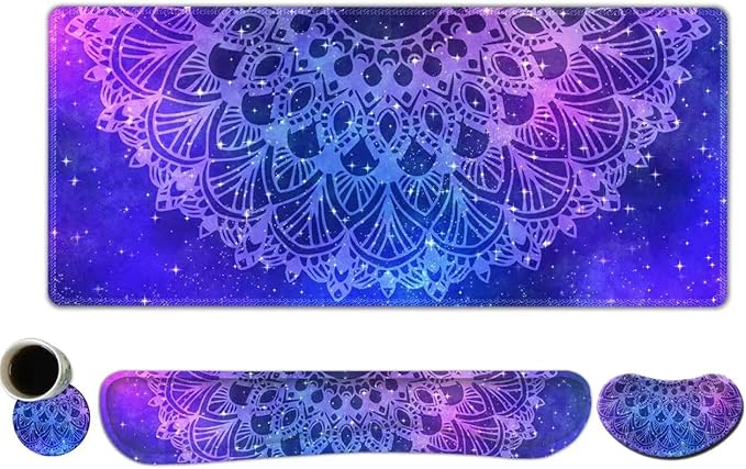 AIMSA Keyboard Mouse Pad Set Large Gaming Mouse Pad +Wrist Rest Mouse Pad +Keyboard Wrist Support +Coaster 35x15.7 inch Extended Desk Mat for Easy Typing Pain Relief (Blue Purple Mandala)