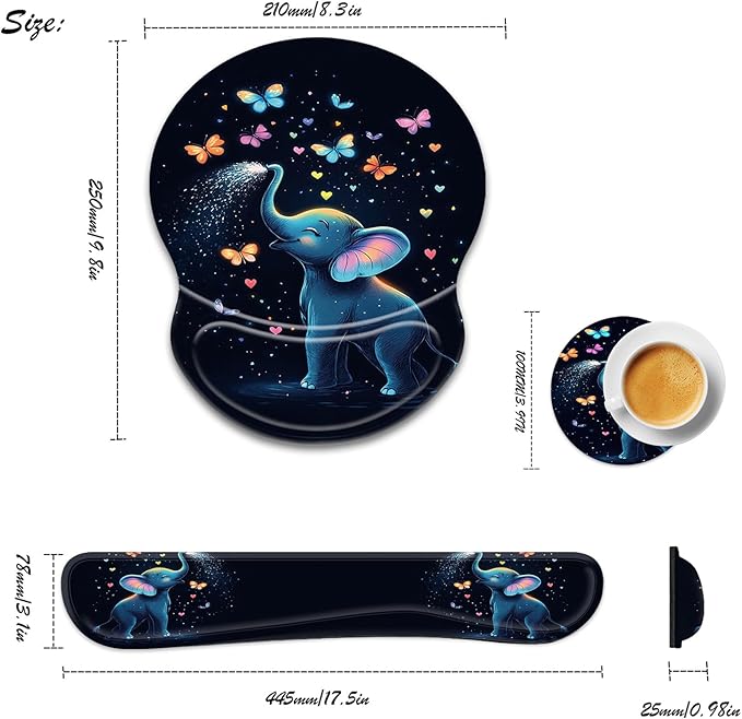 Bxgolkgd Ergonomic Gel Mouse Wrist Rest Pad and Keyboard Pad SetAnti-Slip PU Bottom Easy Typing and Relieve Wrist Pain with Cute Coaster Set (3-Cute Elephant and Butterfly)