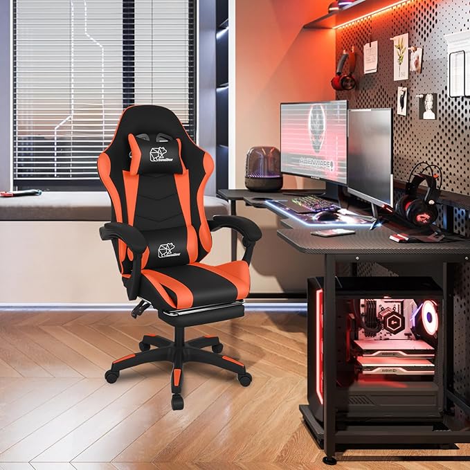 Gaming Chair Office Chair Reclining High-Back PU Leather Computer Desk Chair with Headrest and Lumbar Support suitable for gaming chairs office storage office shelving and more（Orange）