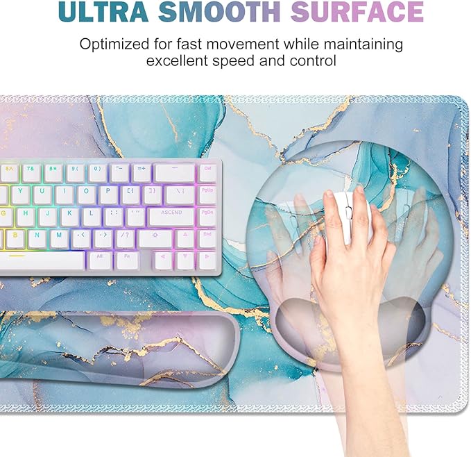 ToLuLu Desk Mat XXL Large Mouse Pad Wrist Support Set4 in1 Gaming Mousepad Desk Pad+ Ergonomic Mouse Pad with Wrist Rest + Keyboard Wrist Rest+Coaster for Home Office Computer Blue Glitter Marble