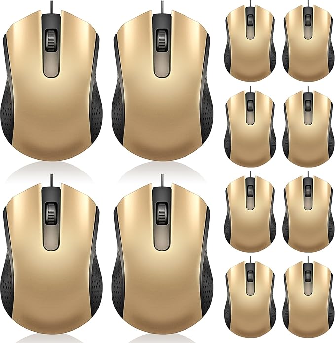 Hoteam 12 Pcs Gold Wired Computer Mouse Bulk Cord USB Computer Mice Ergonomic Wired Mouse for Pcs Computers Laptops Gaming Office Home Supplies