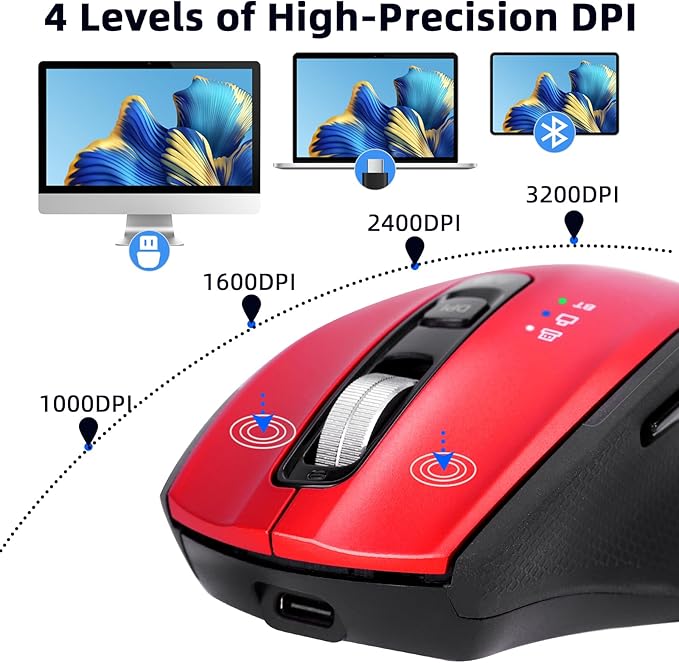 Wireless Bluetooth Mouse with USB A USB C Receiver Rechargeable Multi Device Mouse Silent Ergonomic Full Size Portable for iPad/MacBook/PC/Computer/Laptop-Red