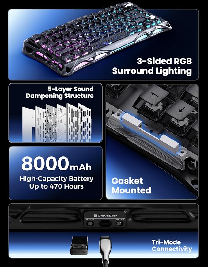 GravaStar Mercury K1 75% Wireless Mechanical Keyboard Aluminum Alloy Gaming Keyboard with Knob Hot Swappable Linear Switches Transparent Keycaps RGB Backlit 2.4GHz/BT5.0/USB for PC Gaming