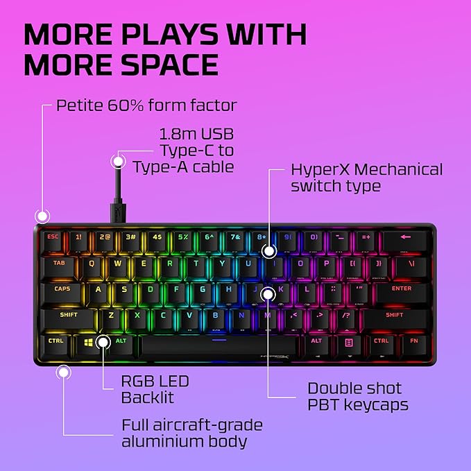 HyperX Alloy Origins 60 - Mechanical Gaming Keyboard - Ultra Compact 60% Form Factor - Tactile Aqua Switch - Double Shot PBT Keycaps - RGB LED Backlit - NGENUITY Software CompatibleBlack