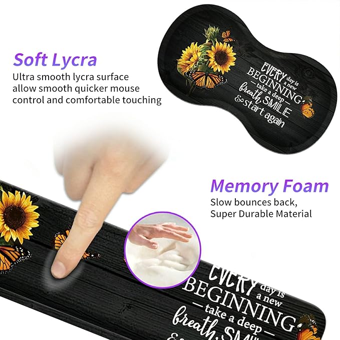 Sunflower Keyboard Wrist Rest Pad + Small Mouse Pad + Wrist Rest Pad + Cup Coaster Set Inspirational Quotes Ergonomic Wrist Rest Support Gel Pad Pain Relief Memory Foam Set for Gaming Office