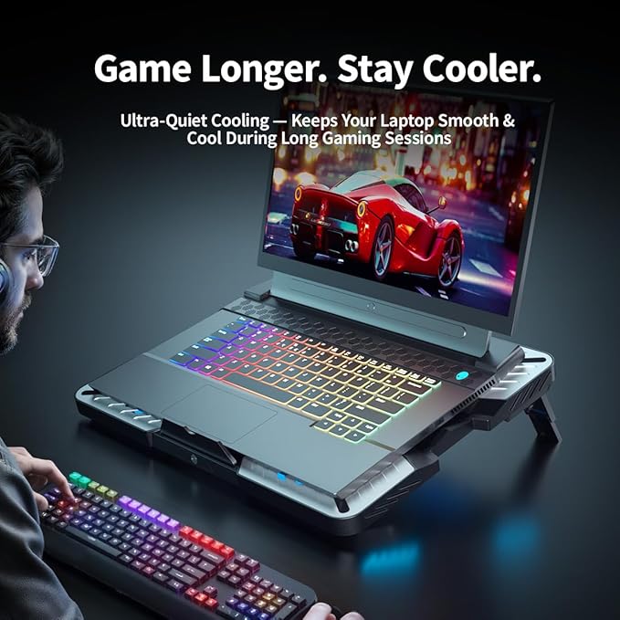IMMOENUC Laptop Cooling Pad with 5 Fans &amp Peltier Device Ultra-Quiet Semiconductor Panel Cooler Stand Adjustable Speed + Stand for 13-19 Inch Laptops (MacBook/Dell/HP) Fast Cooling Notebook