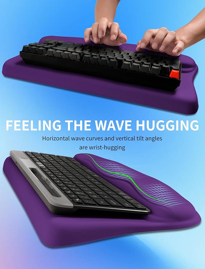 Ergonomic Wave Wrist Rest with Keyboard Stand Cushioned Palm Rest Comfortable Integrated Memory Foam for Natural Typing and Relieve Wrist Pain Rich Purple