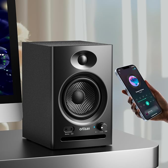 Ortizan C7 Dual-Mode 2.0 Studio Monitors Active Monitor Speakers for Near Field Music Production Bluetooth 5.3 Wireless Computer PC Monitor Gaming Bookshelf Speakers(Pair Black)