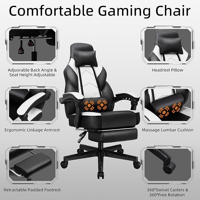 Shintenchi Gaming ChairVideo Game Chair with footrest and Massage Lumbar SupportHeight Adjustable Game Chair with 360°Swivel Seat Ergonomic Computer Chair with Headrest for Office or Gaming(White)