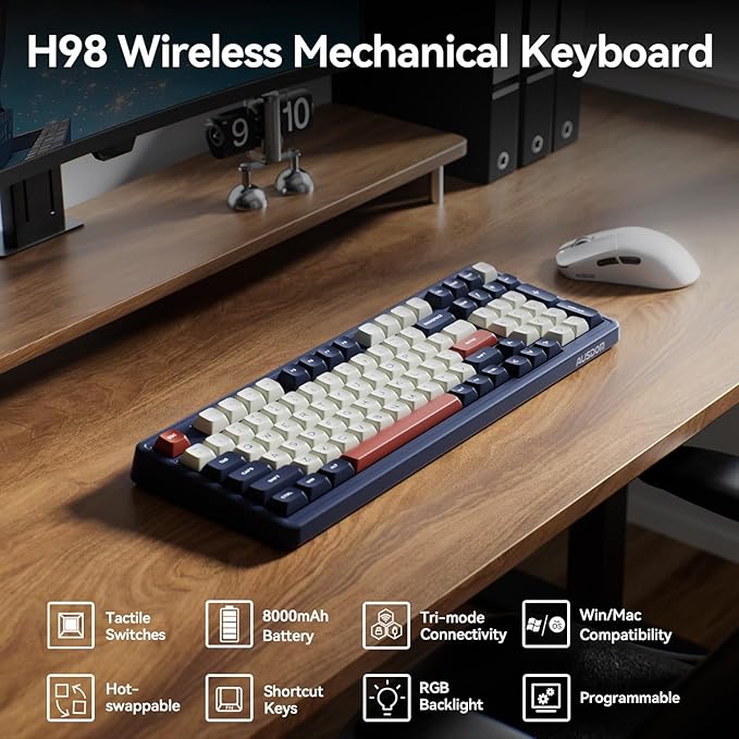 AUSDOM Wireless Bluetooth Mechanical Keyboard BT5.3/Type-C/2.4G Tri-Mode Hot swappable Custom Gaming Keyboards Gasket RGB Numpad Blue Computer Keyboard for Mac/Win/Office 98 Keys(Click Sound)