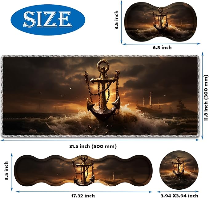 4 in 1 Mouse Pad Combo Large Gaming Mouse Pad + Keyboard Wrist Support + Mouse Wrist Rest + Coaster Table Pad 31.5 x 11.8 with Memory Foam Ergonomic Wrist Pad Set Waves and Anchors