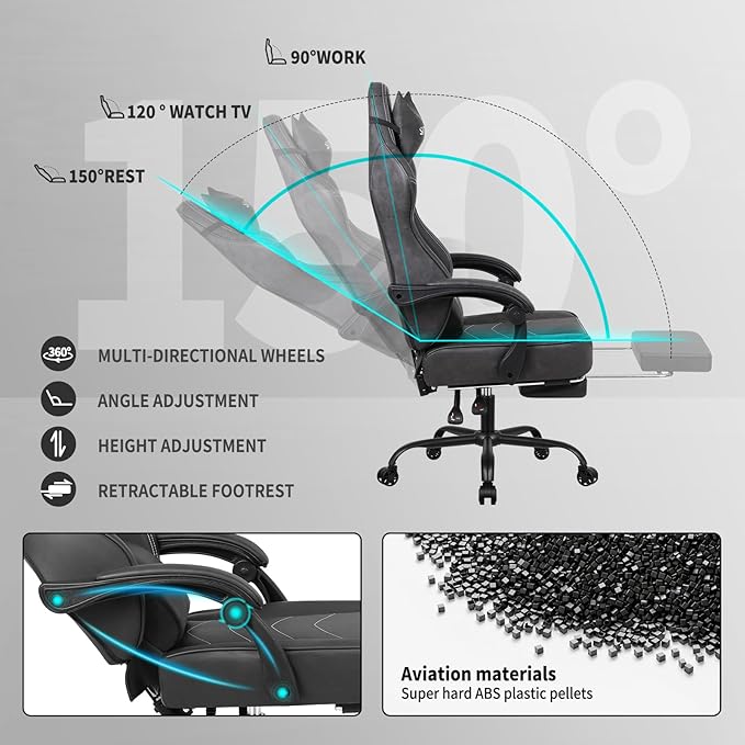 Gaming Chair for Adults Computer Chairs with Footrest and Lumbar Support Ergonomic PU Leather Game Chair with Headrest Height Adjustable PC Gamer ChairsBlack