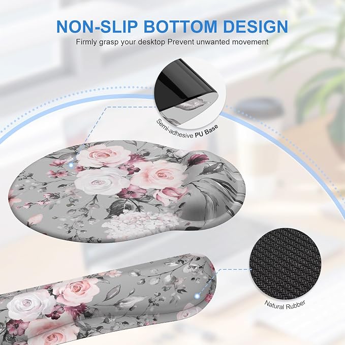 iCasso Large Mouse Pad Wrist Support Set 4in1 XXL Big Mousepad + Keyboard Wrist Rest + Mouse Wrist Rest + Coaster Set with Ergonomic Design Gaming Mat for Home Office Table Computer - Pink Floral