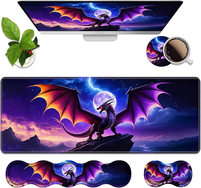 4 in 1 Ergonomic Memory Foam Mouse Pad Wrist Rest Set Large XXL Gaming Desk Pad + Keyboard Wrist Rest + Mouse Wrist Cushion + Coaster for Home Office Study Gaming Dragon