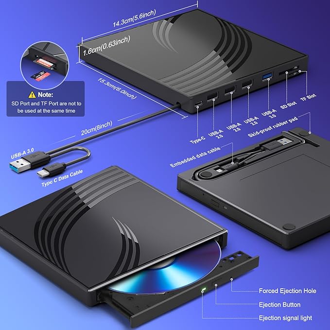 External CD/DVD Drive for Laptop Ultra Slim CD Burner USB 3.0 Hub with 4 USB Ports 2 TF/SD Card Slots1 Type-C PortDVD Player for Laptop Compatible with mac OS/Windows/Linux (Black)